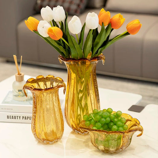 Marigold Trio Glass Vase Set With Fruit Bowl