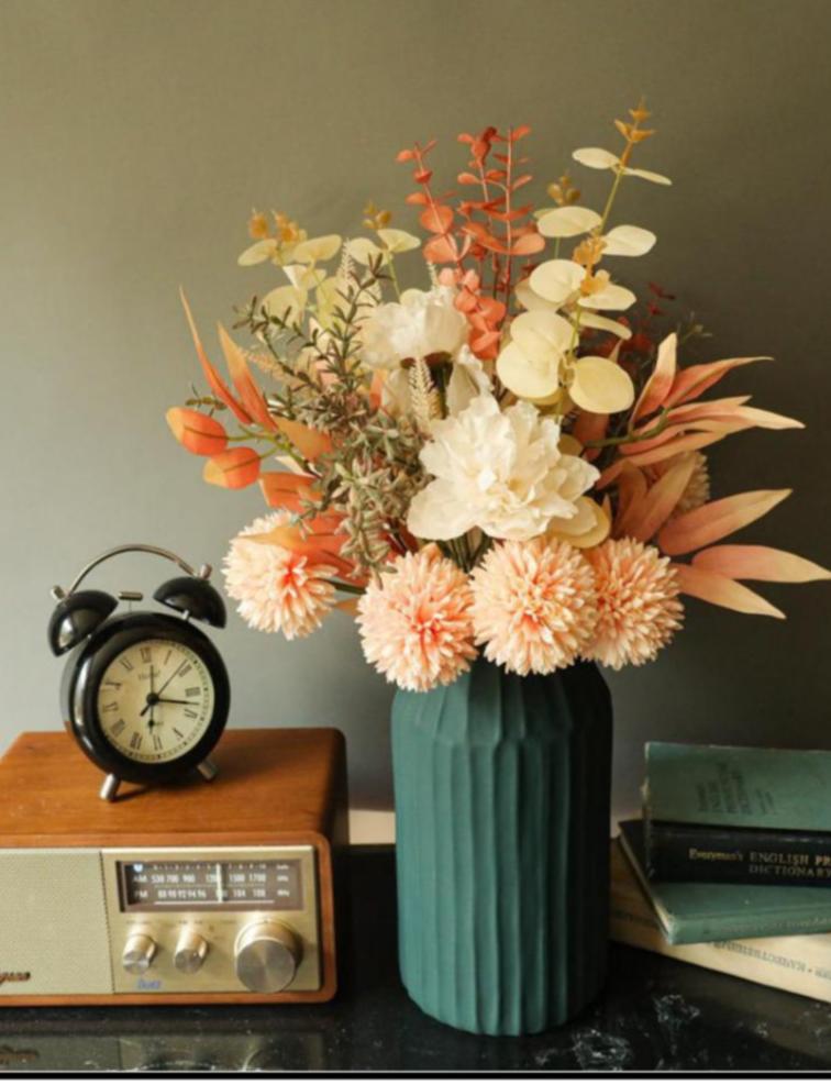 Artificial Orange Dahlia Dandelion Eucalyptus Bouquet